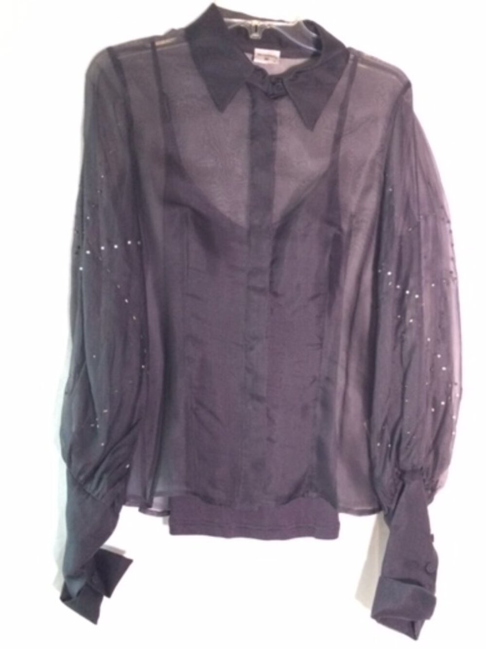 Monnari Black 100% Silk Sheer Rhinestone Sleeve Blouse EU 38 Button Front
